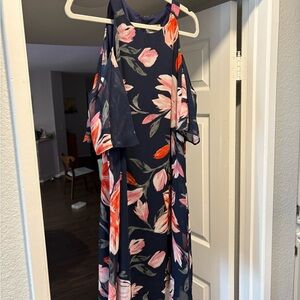 Eliza J Navy Floral Halter Dress with Cold Shoulder Sleeves